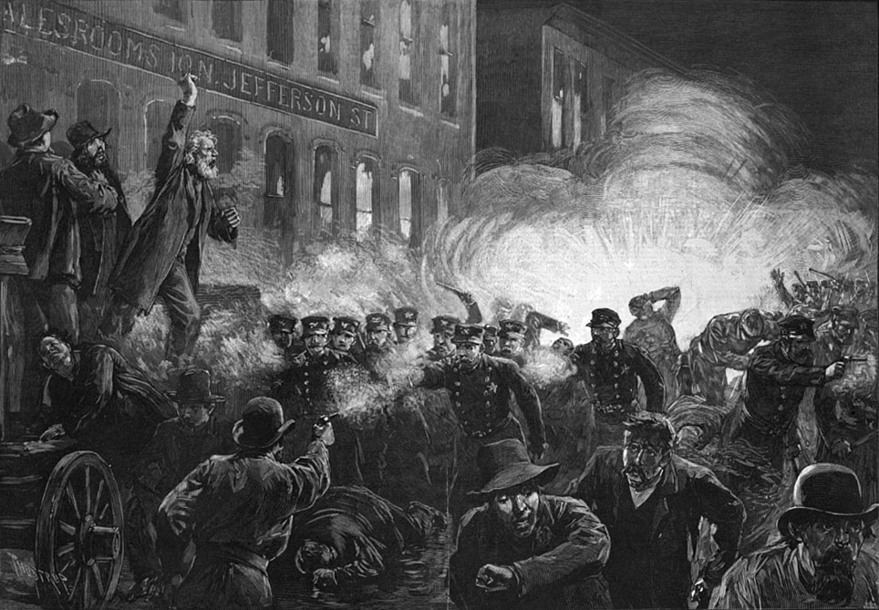 Grabado de Thure de Thulstrup publicado en Harper's Weekly, 15 de mayo de 1886, mostrando la huelga obrera y la explosión del bombazo en Haymarket Square, Chicago — origen del 1 de mayo como Día Internacional del Trabajador.