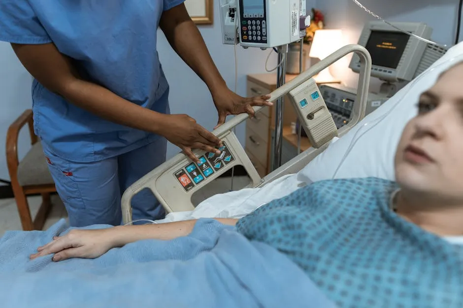 Enfermera asistiendo a un paciente en cama de hospital durante la pandemia.