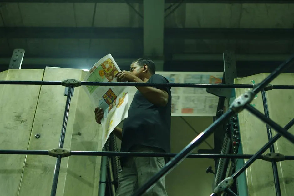 Hombre revisando un periódico impreso en un taller de imprenta industrial.