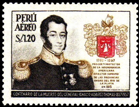 Estampilla peruana del General Álvarez Thomas con el escudo de Arequipa, 1958.