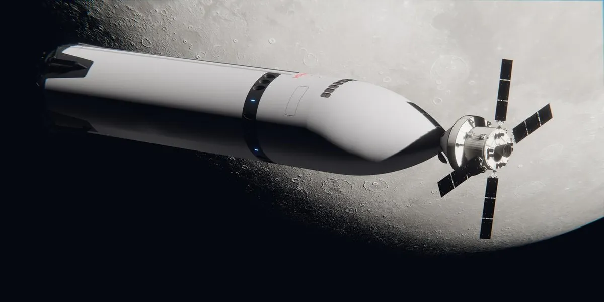 Concepto artístico de la cápsula Orion de la NASA acoplándose al Starship HLS de SpaceX en órbita lunar